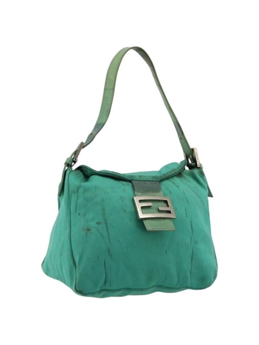 Authentic FENDI Mamma Baguette Shoulder Bag Nylon Turquoise Blue Silver